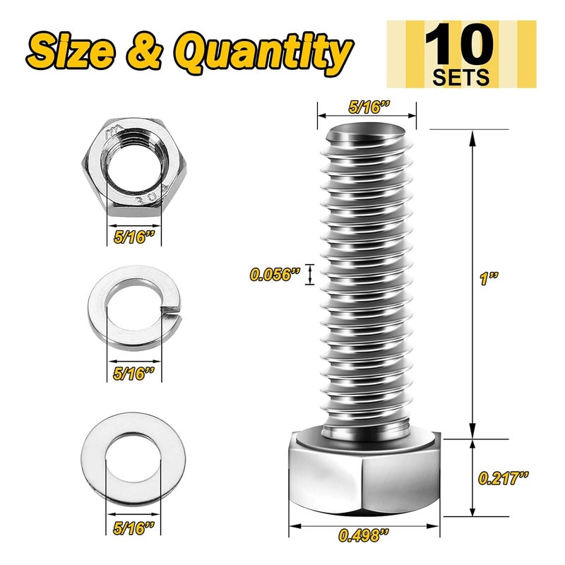 MYWISH (10 Sets) 5/16-18x1 Hex Head Assorted Screws Nuts and Bolts with Flat & Lock Washers, 304 Stainless Steel 18-8, Fully Threaded, 5/16 Bolt Metric Bolt Assortment - Image 2